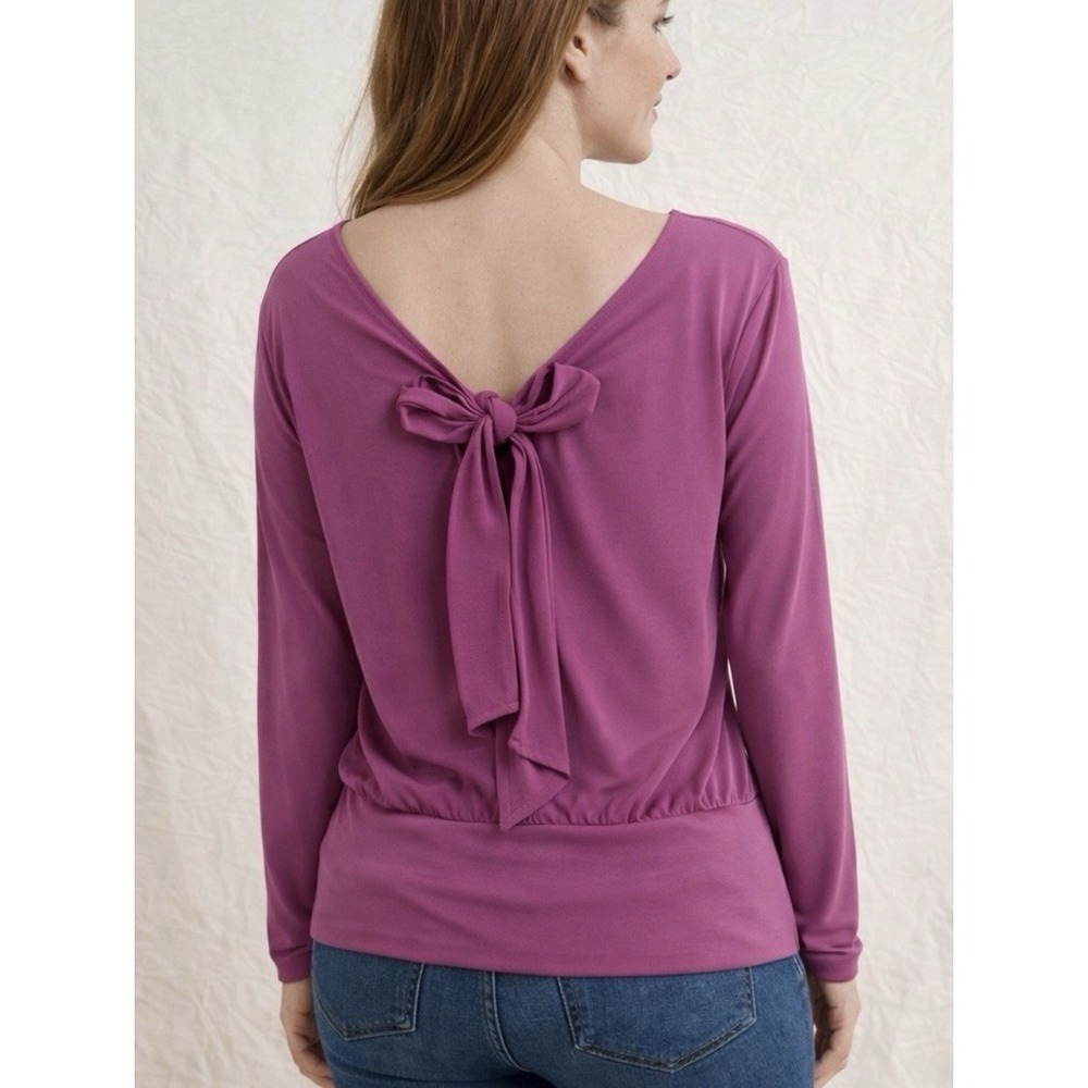 White House Black Market Purple Bow Back Blouson Long Sleeve Top Size S